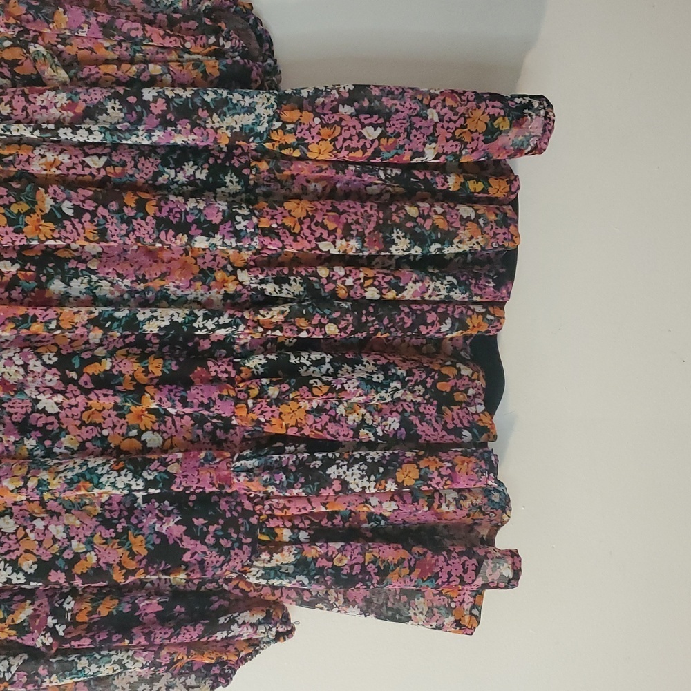 Vince Camuto Floral Babydoll Mini Dress Size Large Sheer Longsleeve Split V-Neck - Picture 4 of 13